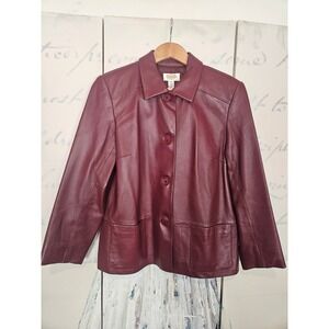 Talbots Petites Burgundy 100% Leather Button Front Jacket Size 12P Wine Red